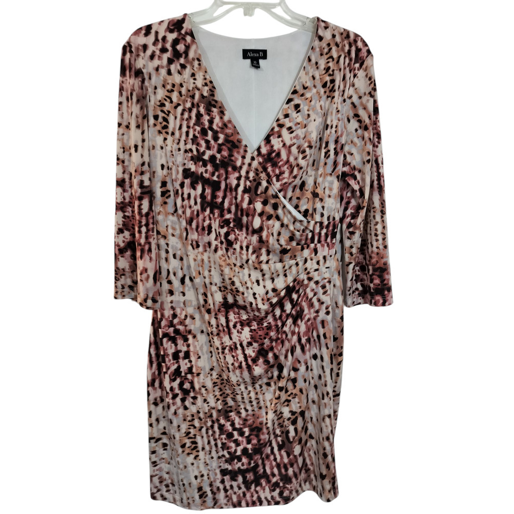 3567) Alexa B Pink Abstract Surplice Neckline 3/4 Sleeve Ruched Sheath Dress 10